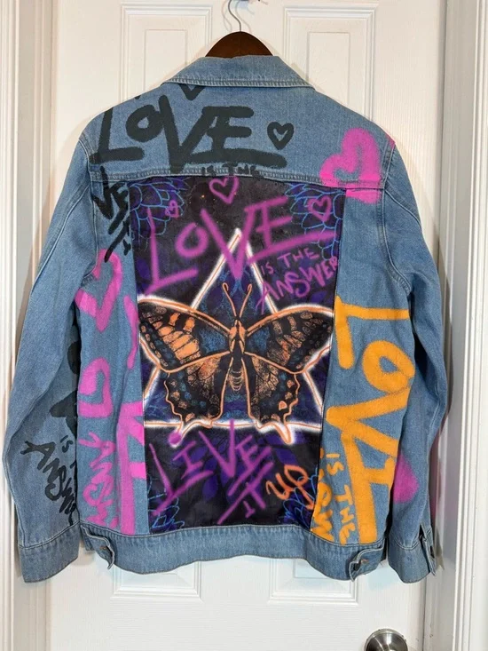 Chemistry Graffiti Print Butterfly Graphic Denim Jacket Size M - Picture 4 of 13